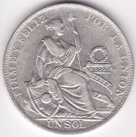 ペルー1ソル銀貨 女神座像 1934年 VF－/美品－ - ワタナベコイン 