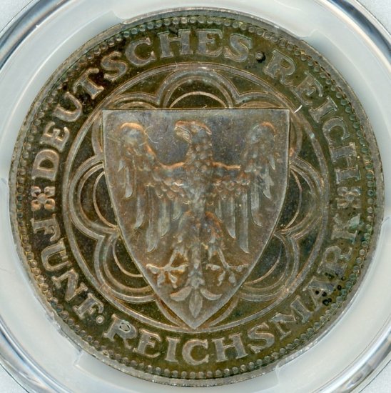 ドイツワイマール共和国5マルク銀貨 ブレマーハーフェン 1927年A 
