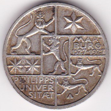 1927年ドイツ ワイマール共和国 マールブルグ大学400年記念3マルク銀貨
