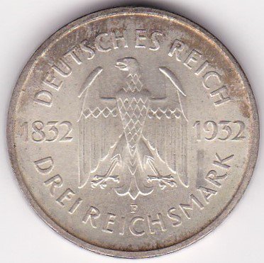 ゲーテ死去100年記念 ドイツワイマール3ライヒスマルク銀貨 1932年F 未 ...