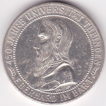 チュビゲン大学450周年 5ライヒスマルク銀貨 ドイツワイマール 1927年F 