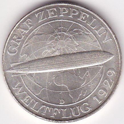 ドイツ　５ライヒマルク 銀貨 ツェッペリン号世界飛行記念　1930年