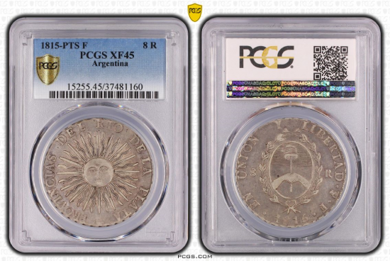 アルゼンチン8レアル銀貨 五月の太陽 1815年PTS F XF45/美品＋ 送料込