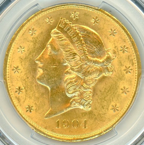 アメリカ20ドル金貨 リバティヘッド 1904年 MS62/未使用－ 送料込 