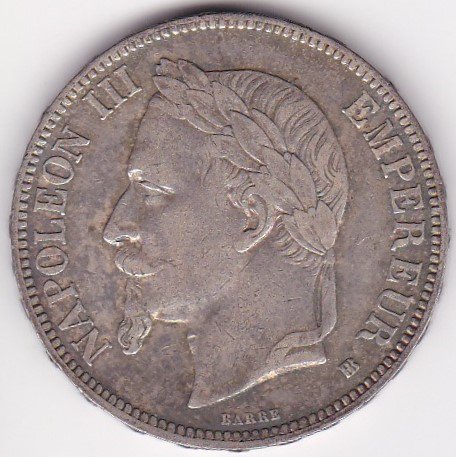 フランス5フラン銀貨 ナポレオン3世有冠 1867年BB 美品 送料込