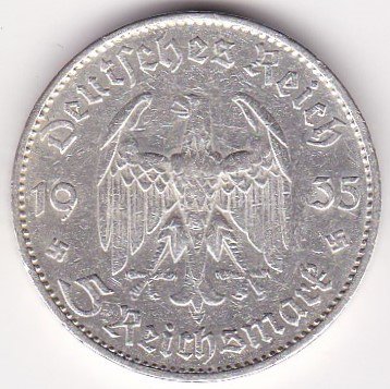 ドイツ第三帝国5マルク銀貨 ギャリソン教会 1935年E 美品 - ワタナベ