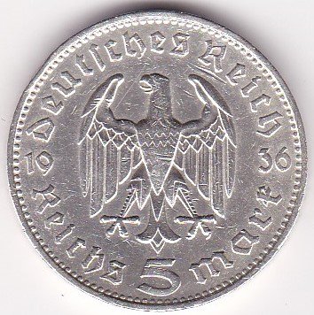 ドイツ第三帝国5マルク銀貨 アドルフ・ヒトラー 1936年F 美品 ...