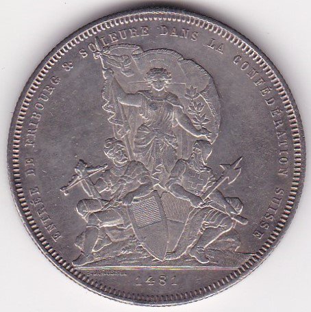 スイス射撃祭5フラン銀貨 フライブルグ 1881年 極美品 送料込 