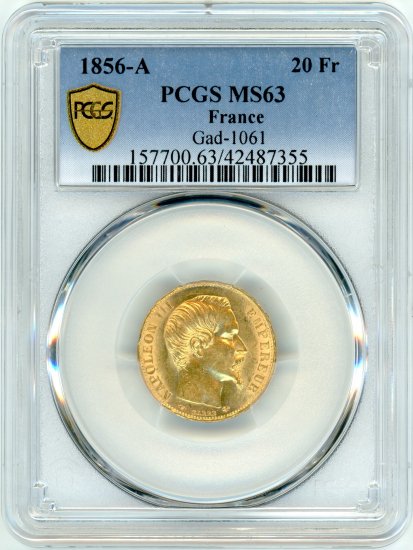 フランス20フラン金貨 ナポレオン3世無冠 1856年A MS63/未使用 送料込 