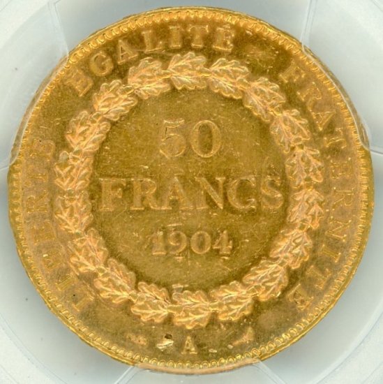 フランス50フラン金貨 エンゼル 1904年A MS61/未使用－ 送料込
