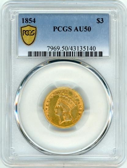 アメリカ3ドル金貨 女神 1854年 AU50/極美品 送料込 - ワタナベ