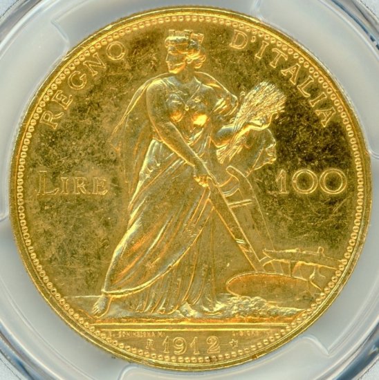 イタリア100リレ金貨 豊穣の女神 1912年R MS62/未使用－ 送料込 