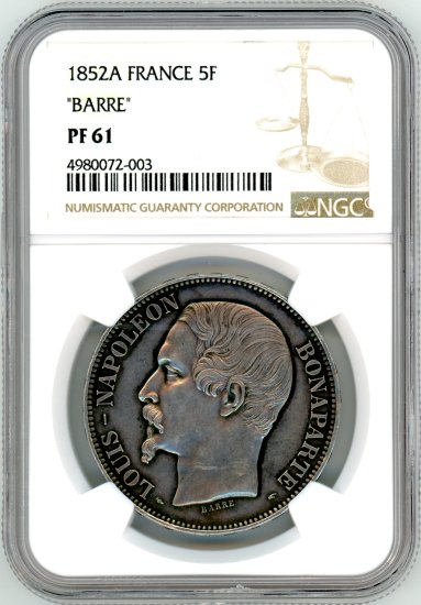 フランス5フラン銀貨 ナポレオン3世無冠 BARRE 1852年A PF61/プルーフ 