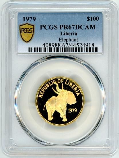 リベリア100ドル金貨 アフリカ象 1979年 PR67DCAM/プルーフ リベリア100ドル金貨 アフリカ象 1979年 PR67DCAM/プルーフ