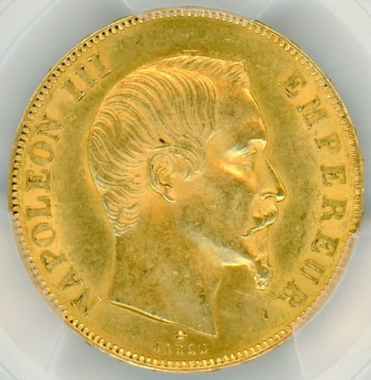 フランス50フラン金貨 ナポレオン3世無冠 1859年BB MS62/未使用－ 送料 