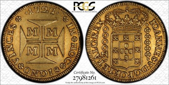 ブラジル20000レイス金貨 1727年M ジョアン5世 AU53/極美品 送料込