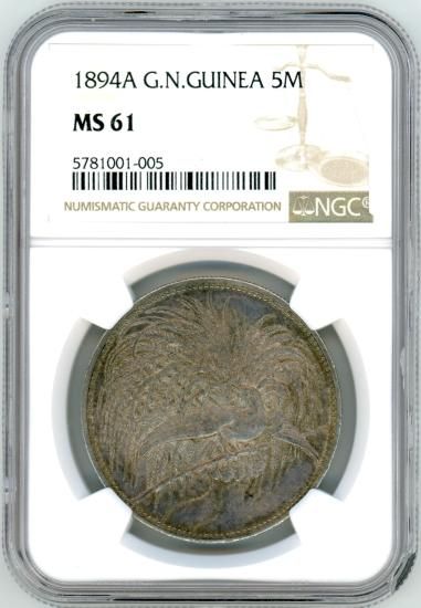 極楽鳥 ドイツ領ニューギニア5マルク銀貨 1894年A MS61/未使用 極楽鳥 ドイツ領ニューギニア5マルク銀貨 1894年A MS61/未使用