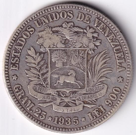 ベネズエラ5ボリバル銀貨 シモン・ボリバル 1935年 美品 ベネズエラ5ボリバル銀貨 シモン・ボリバル 1935年 美品