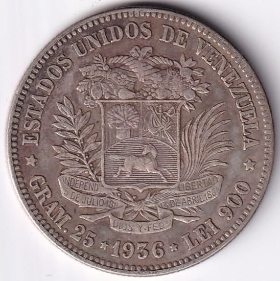 ベネズエラ5ボリバル銀貨 シモン・ボリバル 1936年 美品+ ベネズエラ5ボリバル銀貨 シモン・ボリバル 1936年 美品+