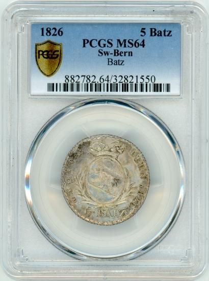 3230【PCGS鑑定品・珍品】スイス 1826年 5 Batz Baz銀貨