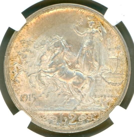 イタリア2リレ銀貨 クァドリガ 1915年R MS63/未使用 送料込 イタリア2リレ銀貨 クァドリガ 1915年R MS63/未使用 送料込