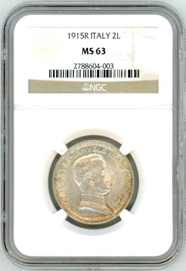 イタリア2リレ銀貨 クァドリガ 1915年R MS63/未使用 送料込 イタリア2リレ銀貨 クァドリガ 1915年R MS63/未使用 送料込
