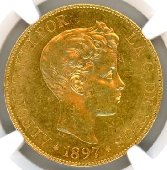 スペイン100ペセタ金貨 アルフォンソ13世 1897年(97) MS61/未 スペイン100ペセタ金貨 アルフォンソ13世 1897年(97) MS61/未