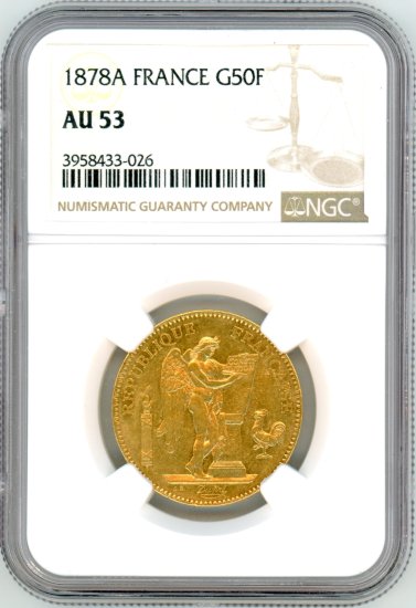 フランス50フラン金貨 エンゼル 1878年A AU53/極美品 送料込 