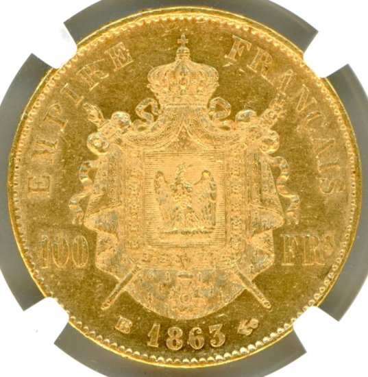 フランス100フラン金貨 ナポレオン3世月桂冠 1863年BB AU58/極美品＋ 