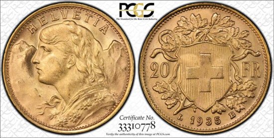 スイス20フラン金貨 アルプスと少女 1935年LB MS65/未使用＋ 送料込 