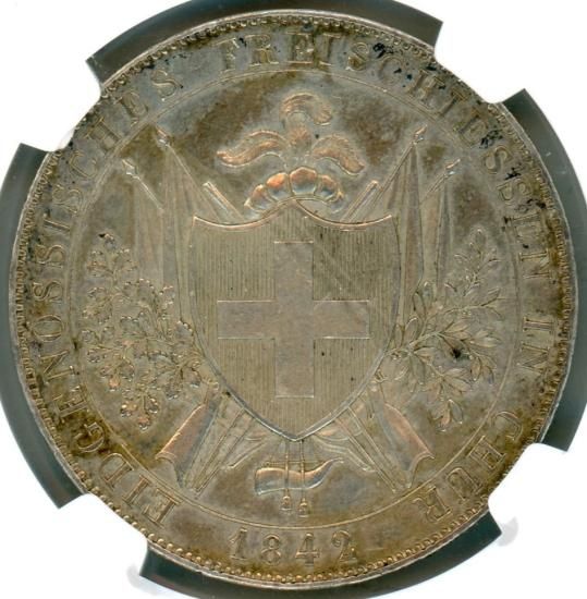 スイス射撃祭4フランケン銀貨 グラウビュウデン 1842年 MS62/未 スイス射撃祭4フランケン銀貨 グラウビュウデン 1842年 MS62/未