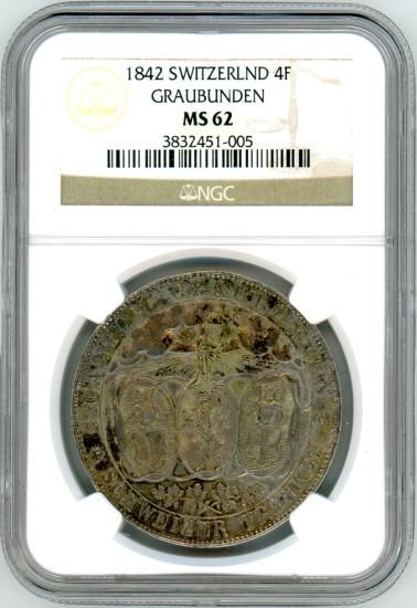 スイス射撃祭4フランケン銀貨 グラウビュウデン 1842年 MS62/未 スイス射撃祭4フランケン銀貨 グラウビュウデン 1842年 MS62/未