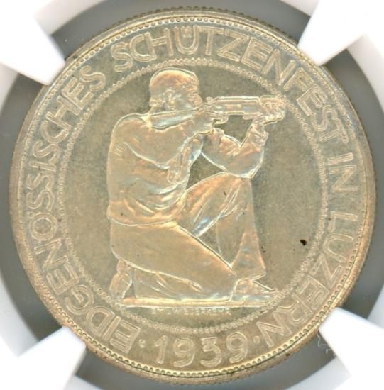 スイス射撃祭5フラン銀貨 ルツェルン 1939年 MS64/未使用+ 送料 スイス射撃祭5フラン銀貨 ルツェルン 1939年 MS64/未使用+ 送料