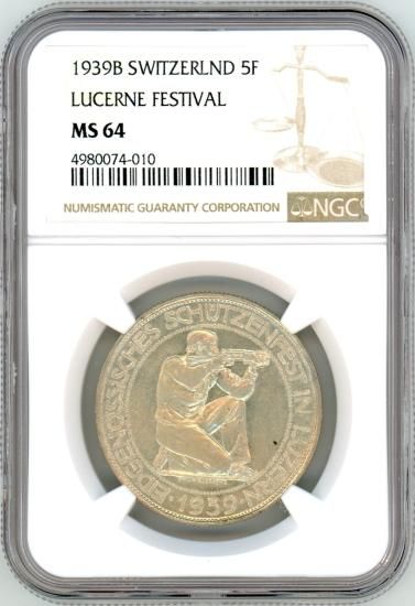 スイス射撃祭5フラン銀貨 ルツェルン 1939年 MS64/未使用+ 送料 スイス射撃祭5フラン銀貨 ルツェルン 1939年 MS64/未使用+ 送料