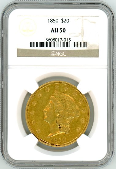 アメリカ20ドル金貨 女神頭像 初年号 1850年 AU50/極美品 送料込