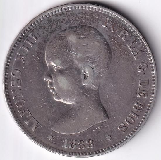 スペイン5ペセタ銀貨 アルフォンソ13世 1888年MPM 美品 送料込 スペイン5ペセタ銀貨 アルフォンソ13世 1888年MPM 美品 送料込