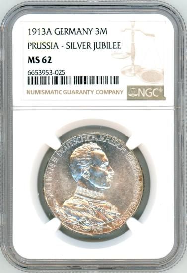 ドイツ3マルク銀貨 プロイセン ウィルヘルム2世在位25周年 1913年 MS62/未使用- 送料込 ワタナベコイン ネットショップ