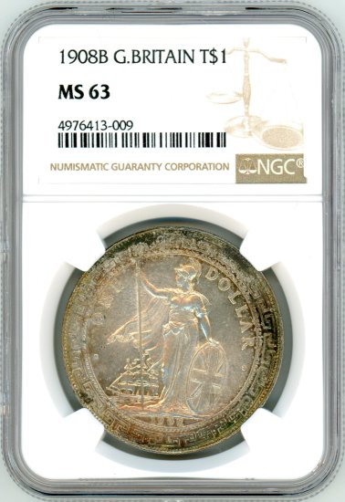 イギリス1ドル銀貨 貿易銀 ブリタニア立像 1908年B MS63/未使用 送料込 - ワタナベコイン ネットショップ