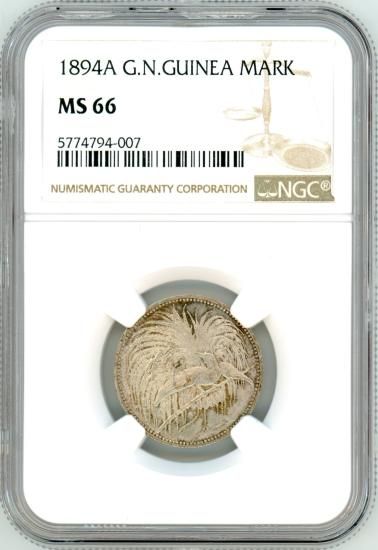 ドイツ領ニューギニア 1894A 極楽鳥 5マルク銀貨 NGC AU58