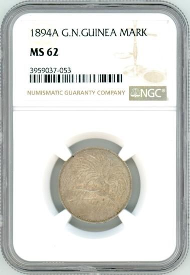 極楽鳥 ドイツ領ニューギニア1マルク銀貨 1894年A MS62/未使用 極楽鳥 ドイツ領ニューギニア1マルク銀貨 1894年A MS62/未使用