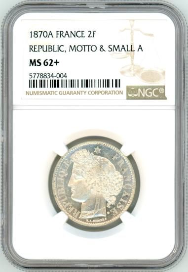 フランス2フラン銀貨 セレス 1870年 MS62+/未使用 送料込 フランス2フラン銀貨 セレス 1870年 MS62+/未使用 送料込