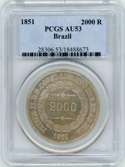 ブラジル2000レイス銀貨 ペドロ2世 1851年 AU53/極美品 送料込 ブラジル2000レイス銀貨 ペドロ2世 1851年 AU53/極美品 送料込