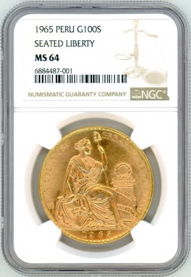 ペルー100ソル金貨 女神座像 1965年 MS64/未使用+ 送料込 ペルー100ソル金貨 女神座像 1965年 MS64/未使用+ 送料込