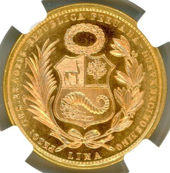 ペルー50ソル金貨 女神座像 希少年号1964/3年 MS66/完全未使用