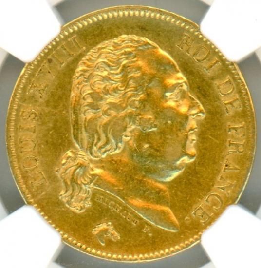 フランス40フラン金貨 ルイ18世 1818年W AU58/極美品+ 送料込 フランス40フラン金貨 ルイ18世 1818年W AU58/極美品+ 送料込