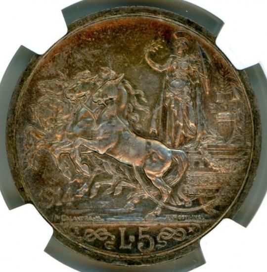 イタリア5リレ銀貨 クァドリガ 1914年R MS62/未使用－ 送料込