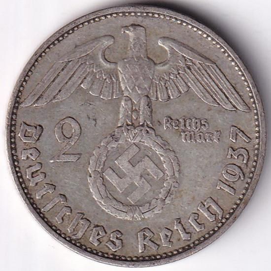 ナチスドイツ2マルク銀貨 ハーケンクロイツ 1937年D 美品