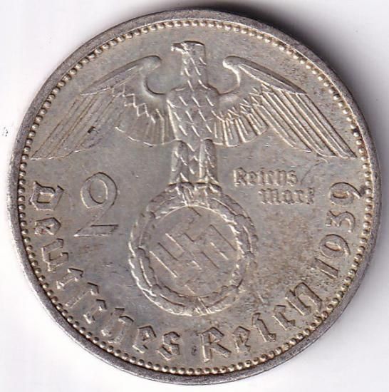 ナチスドイツ2マルク銀貨 ハーケンクロイツ 1939年A 極美品