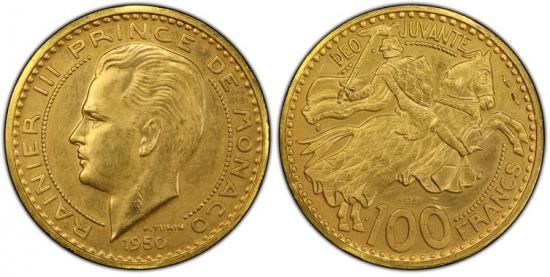 モナコ100フラン金貨 試鋳貨 ピエフォー(倍厚) レーニエ3世 1950