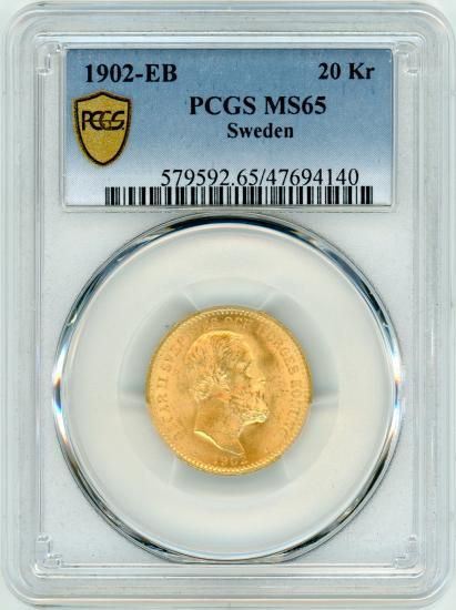 スウェーデン20クローネ金貨 オスカル2世 1902年EB MS65/未使用